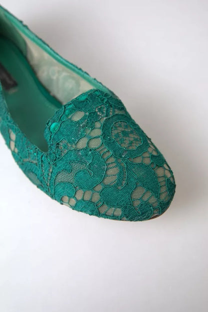 Dolce & Gabbana Green Floral Lace Loafers Flats Shoes