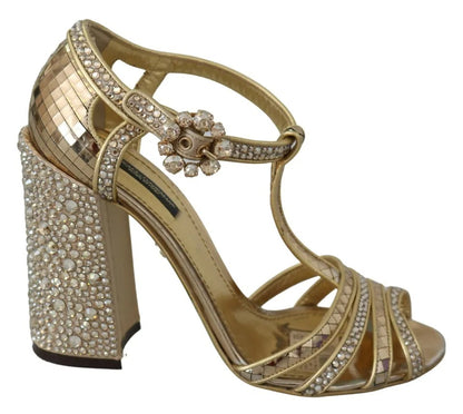 Dolce & Gabbana Gold Crystals T-strap Sandals Leather Shoes