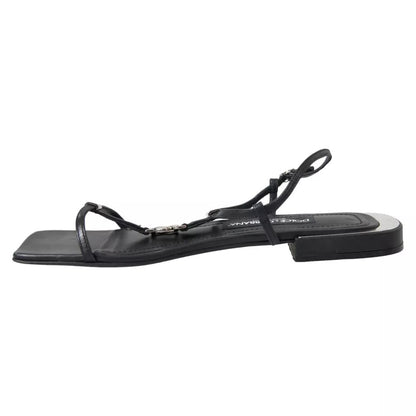 Dolce & Gabbana Black Leather DG Logo Flats Sandals Shoes