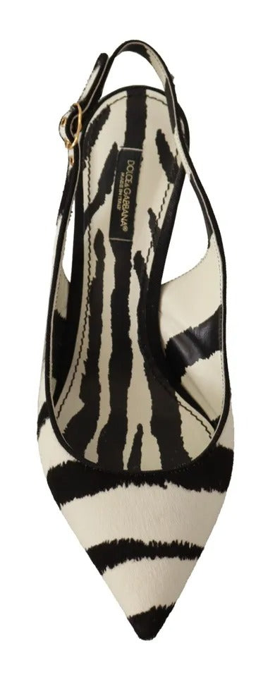 Dolce & Gabbana Black White Zebra Leather Heels Slingback Shoes