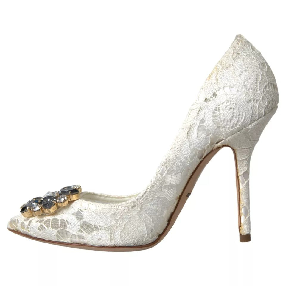 Dolce & Gabbana White Taormina Lace Crystal Heel Pumps Shoes