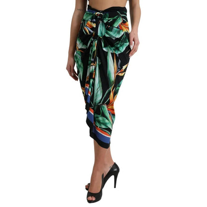 Dolce & Gabbana Black Strelitzia High Waist Wrap Midi Skirt