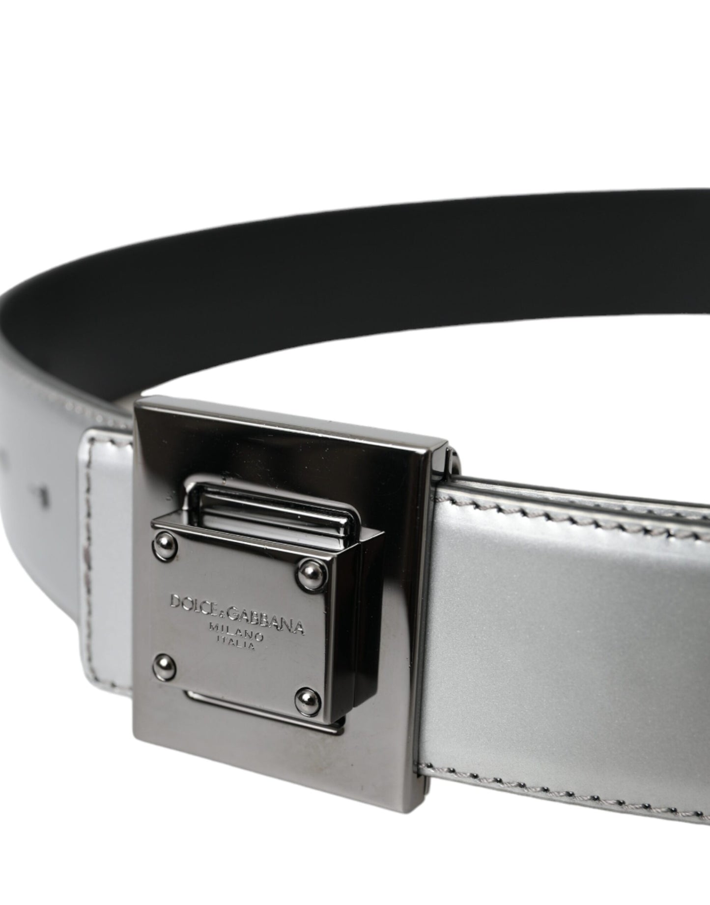 Dolce & Gabbana Silver Leather Square Metal Buckle Belt