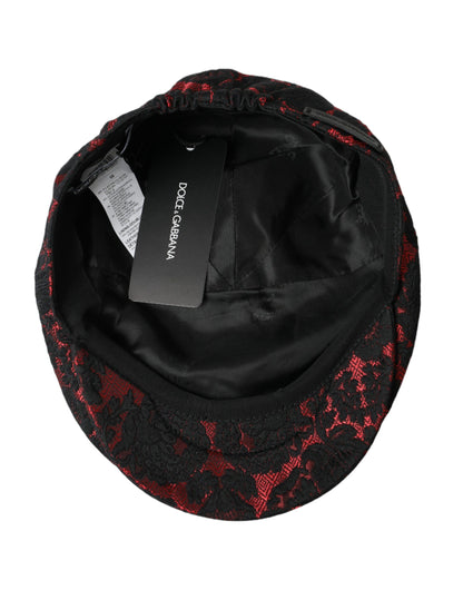 Dolce & Gabbana Black Red Floral Jacquard Newsboy Hat Men