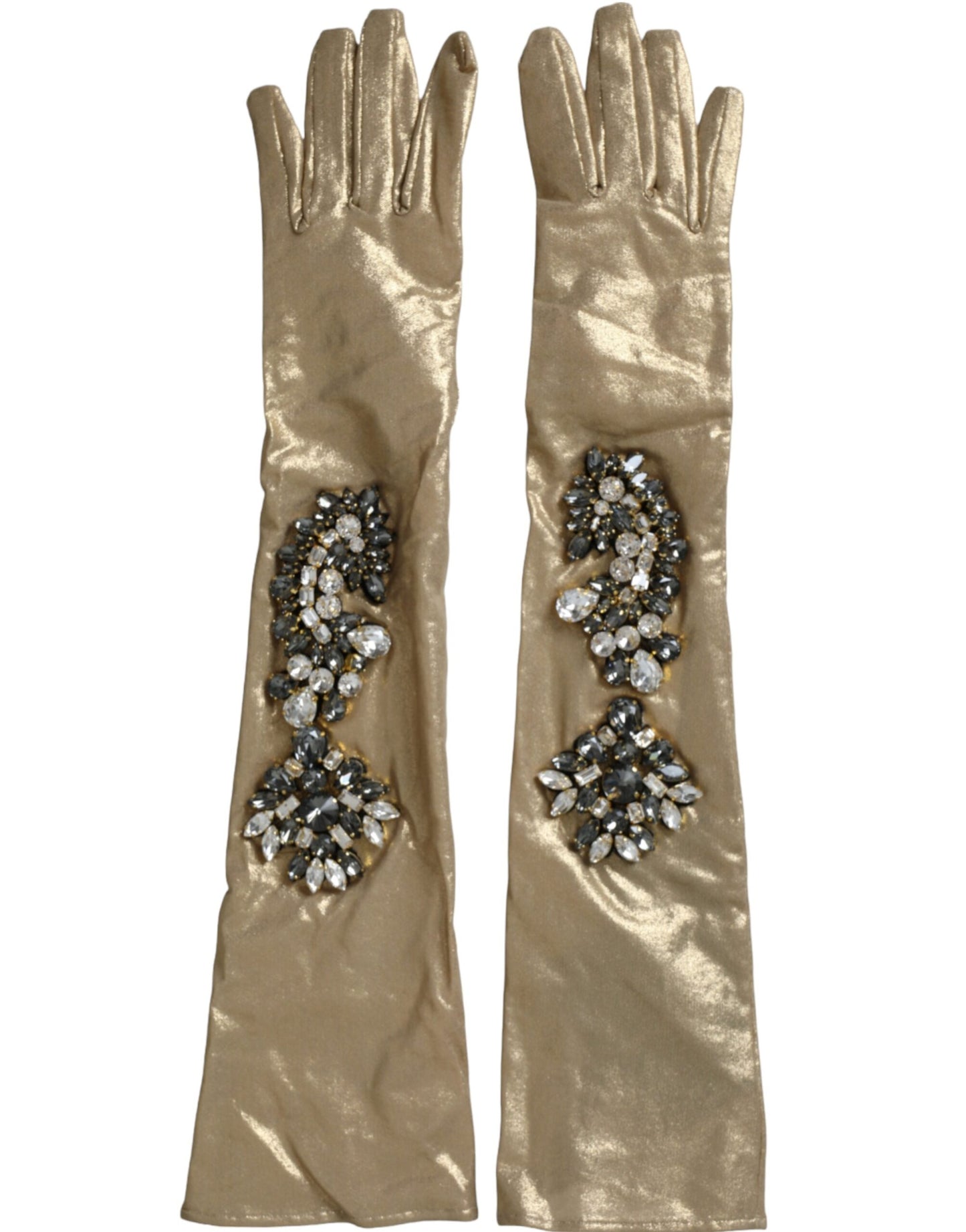 Dolce & Gabbana Beige Satin Crystal Elbow Length Gloves