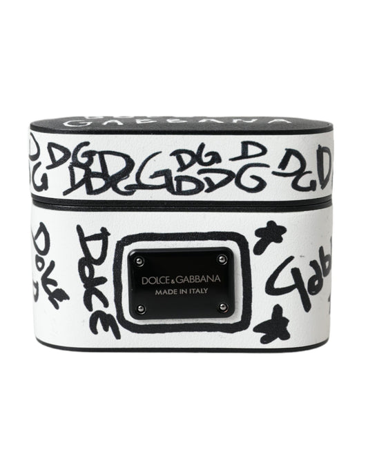 Dolce & Gabbana Black White Leather Scribble Embossed Logo Airpods Case