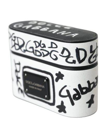 Dolce & Gabbana Black White Leather Scribble Embossed Logo Airpods Case