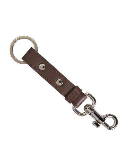 Dolce & Gabbana Brown Plain Leather Silver Brass Keyring Holder Keychain