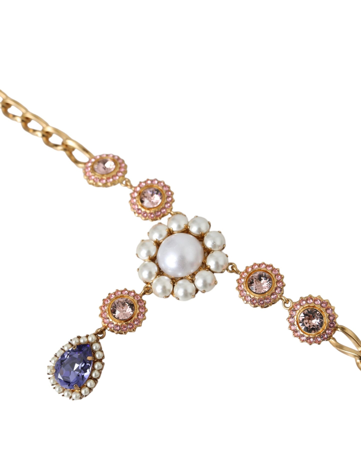 Dolce & Gabbana Gold Brass Crystal Purple Pink Pearl Pendants Necklace