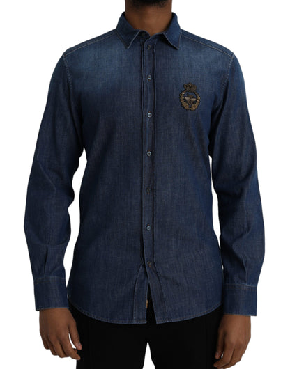 Dolce & Gabbana Blue Crown Bee Cotton Denim GOLD Shirt