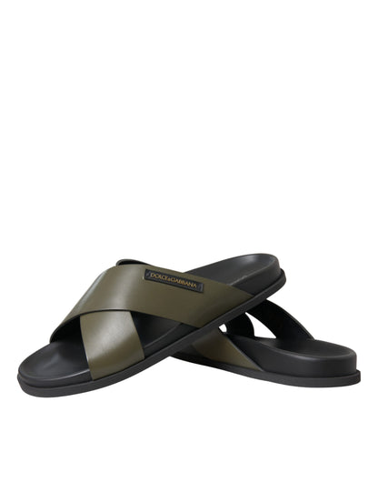 Dolce & Gabbana Green Leather Criss-Cross Slide Sandals Shoes