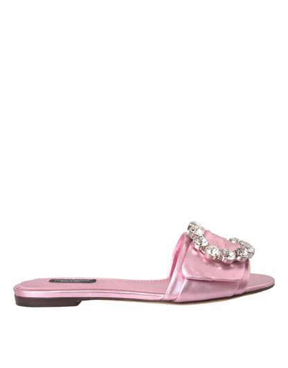 Dolce & Gabbana Pink Crystal Leather Flats Sandals Shoes