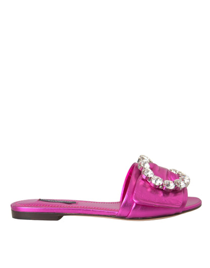 Dolce & Gabbana Fuchsia Crystal Leather Flats Sandals Shoes