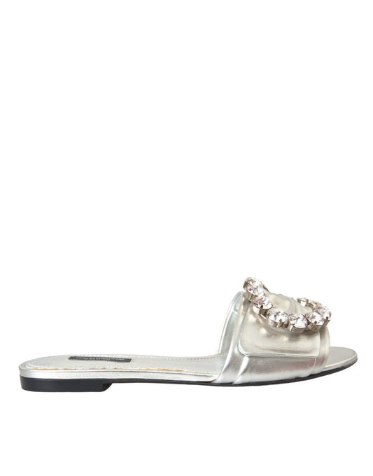 Dolce & Gabbana Silver Crystal Leather Flats Sandals Shoes