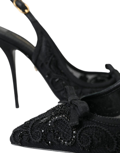 Dolce & Gabbana Black Tulle Ricamo Heels Slingbacks Shoes