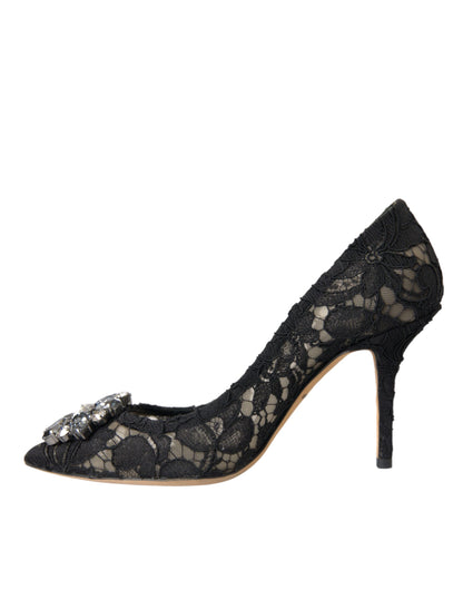 Dolce & Gabbana Black Taormina Lace Crystal Heel Pumps Shoes