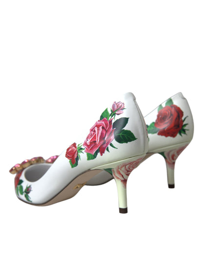 Dolce & Gabbana White Leather Roses Crystal Bellucci Pumps Shoes