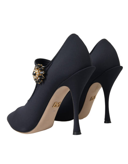 Dolce & Gabbana Black Mary Jane Jersey Crystal Pumps Shoes