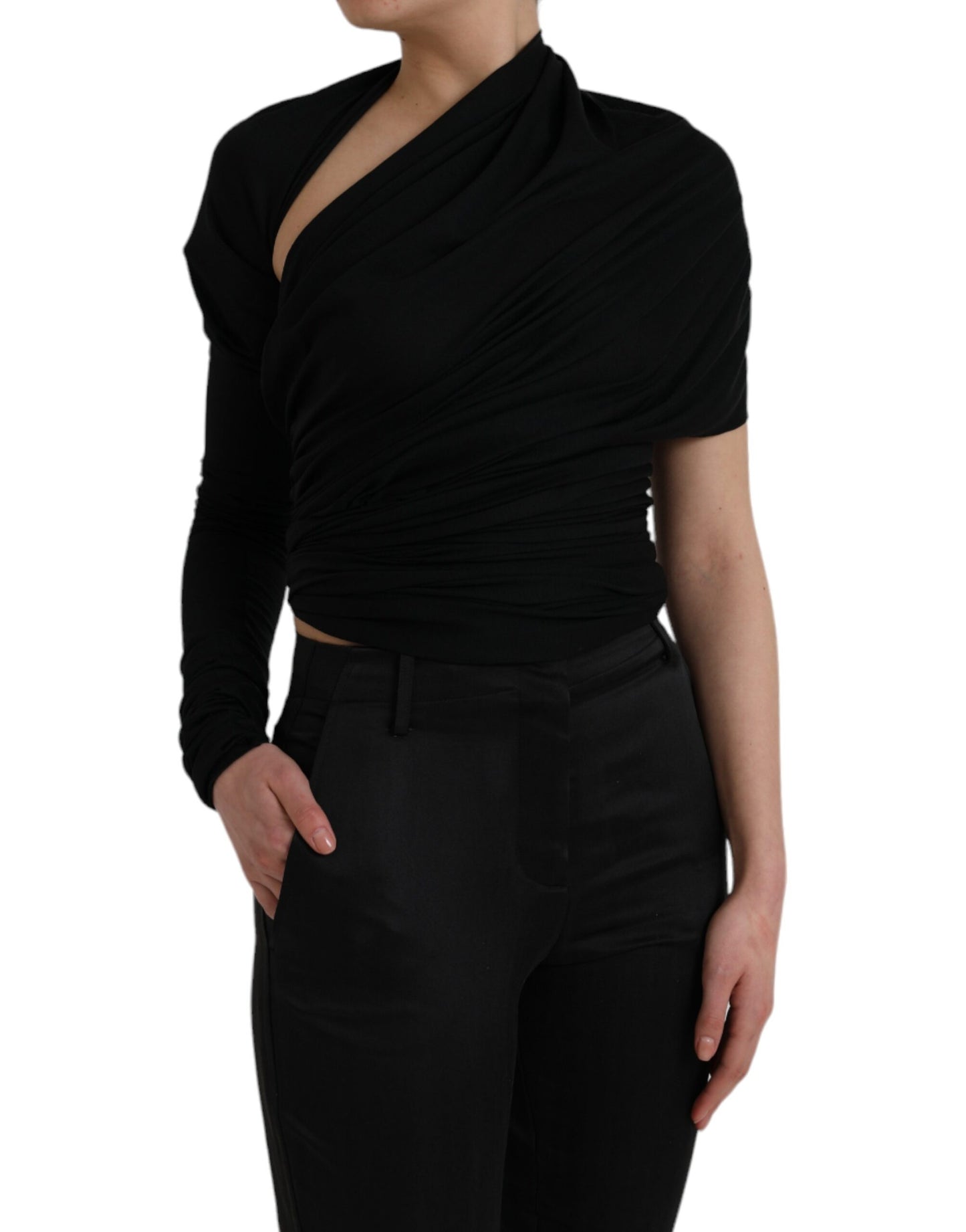 Dolce & Gabbana Black Wool Cutout Asymmetric Long Sleeve Top