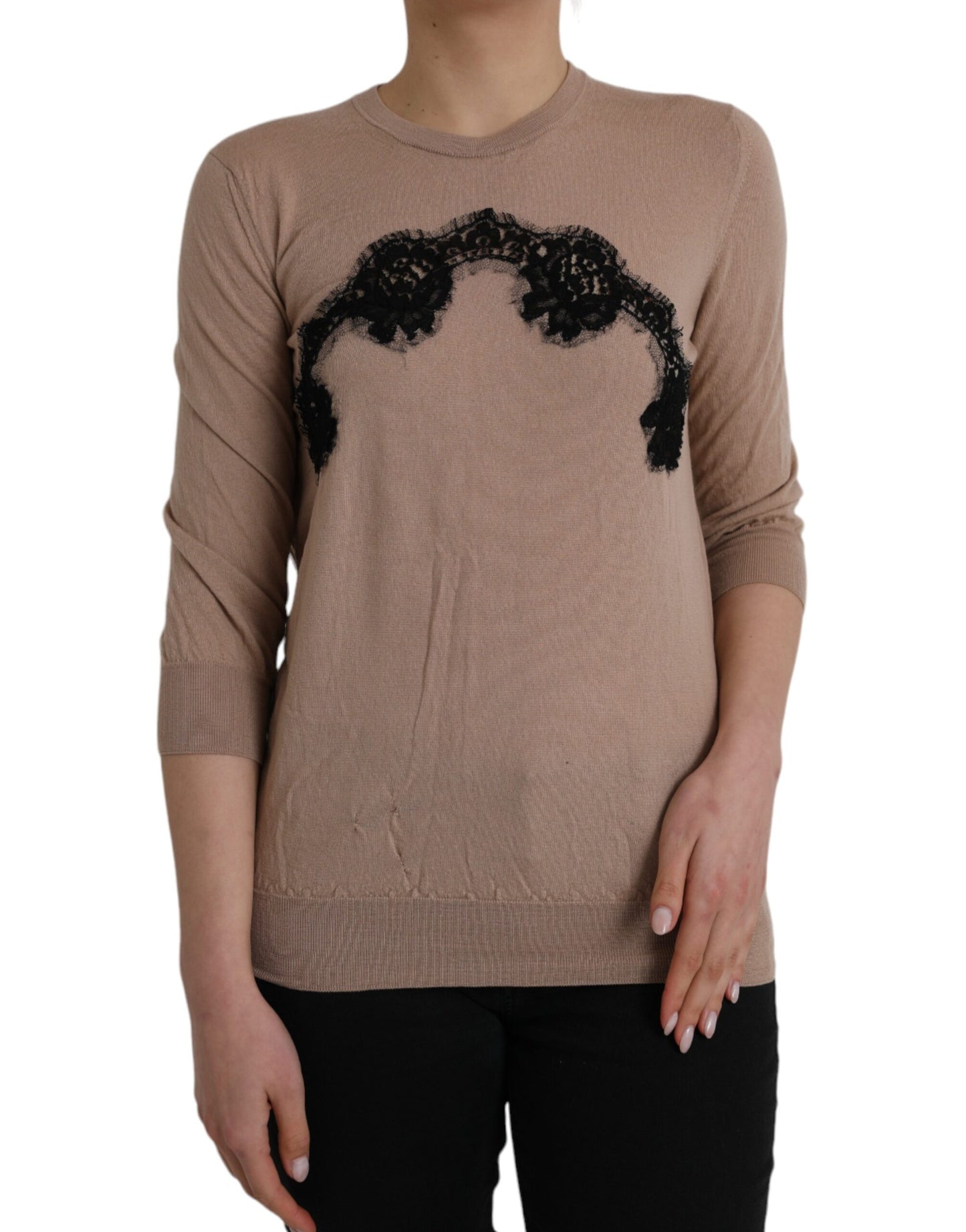 Dolce & Gabbana Brown Wool Black Lace 3/4 Sleeve Blouse Top