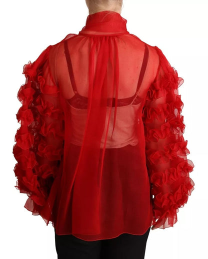 Dolce & Gabbana Red Silk Ascot Collar Ruffles Blouse Top