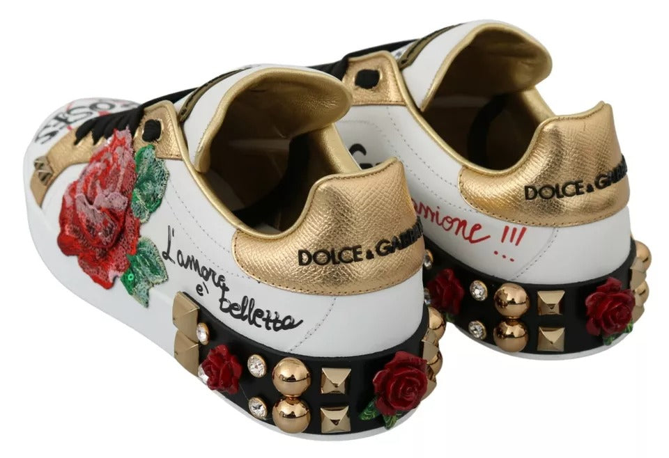 Dolce & Gabbana White Roses Sequined Crystal Womens Sneakers Shoes