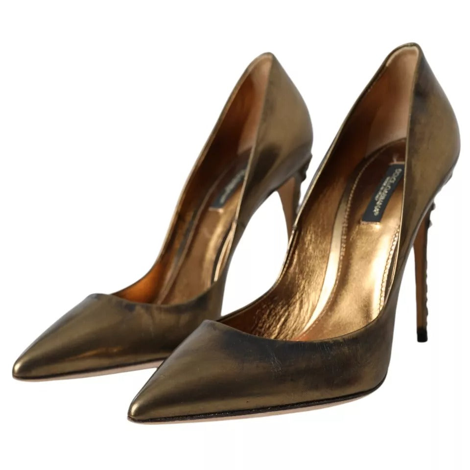 Dolce & Gabbana Bronze Leather Embellished Heels Pumps Shoes