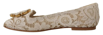 Dolce & Gabbana Beige Lace Crystal Ballet Flats Loafers Shoes