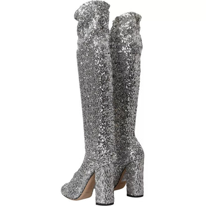 Dolce & Gabbana Silver Sequined High Boots Stretch Shoes