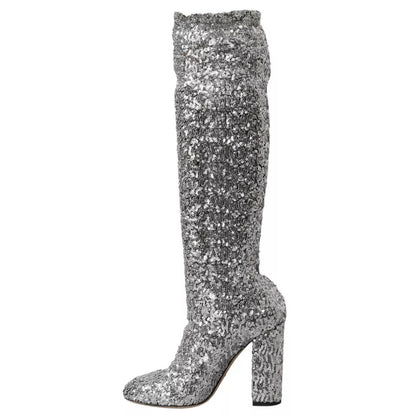 Dolce & Gabbana Silver Sequined High Boots Stretch Shoes