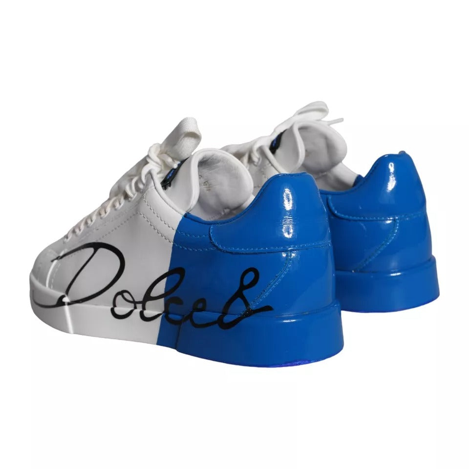 Dolce & Gabbana White Blue Leather Logo Low Top Sneakers Men Shoes