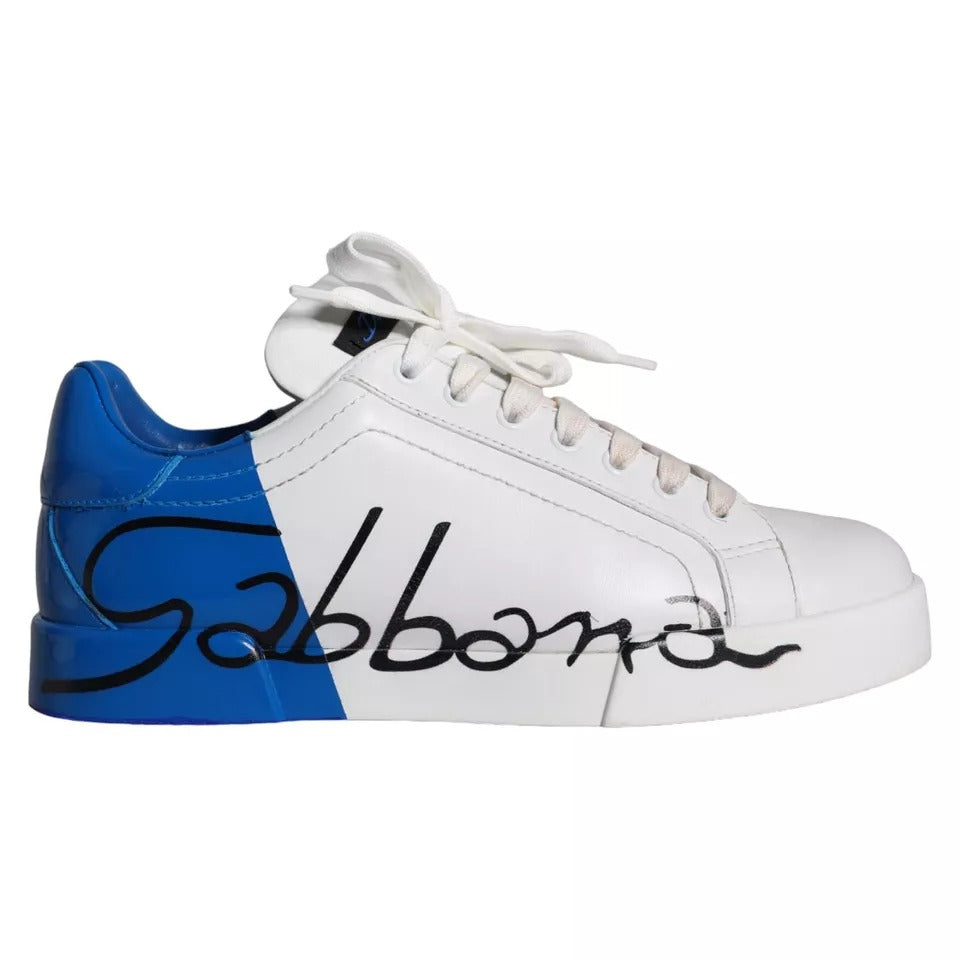 Dolce & Gabbana White Blue Leather Logo Low Top Sneakers Men Shoes