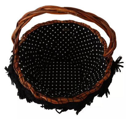 Dolce & Gabbana Black Beige Straw Basket Tote Pom Pom Crystals Bag