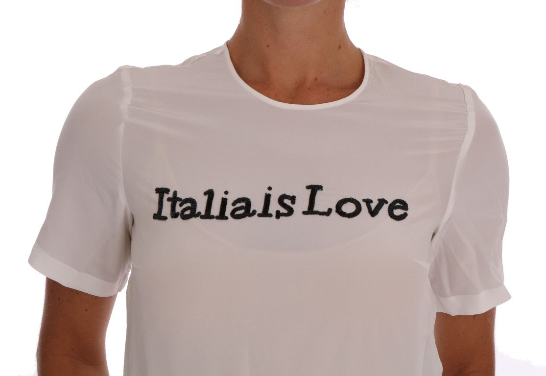 Dolce &amp; Gabbana Weißes Seidenblusen-T-Shirt „ITALIA IS LOVE“.