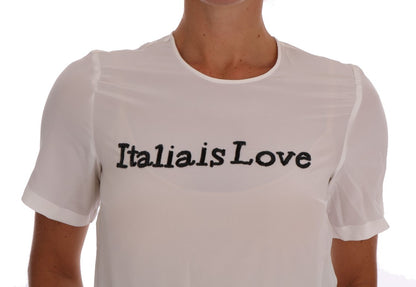 Dolce &amp; Gabbana Weißes Seidenblusen-T-Shirt „ITALIA IS LOVE“.