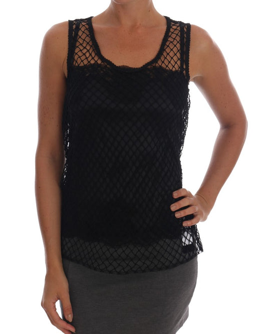 Dolce &amp; Gabbana Schwarzes Seiden-Mesh-Top mit floraler Spitze