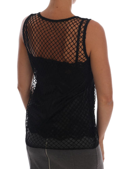 Dolce &amp; Gabbana Schwarzes Seiden-Mesh-Top mit floraler Spitze