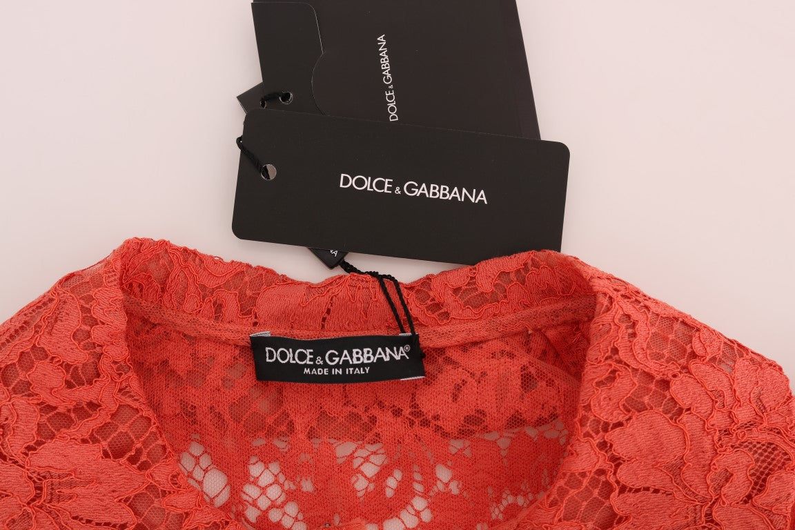 Dolce &amp; Gabbana Bluse aus orangefarbener Spitze mit Kristallknöpfen und Blumenmuster