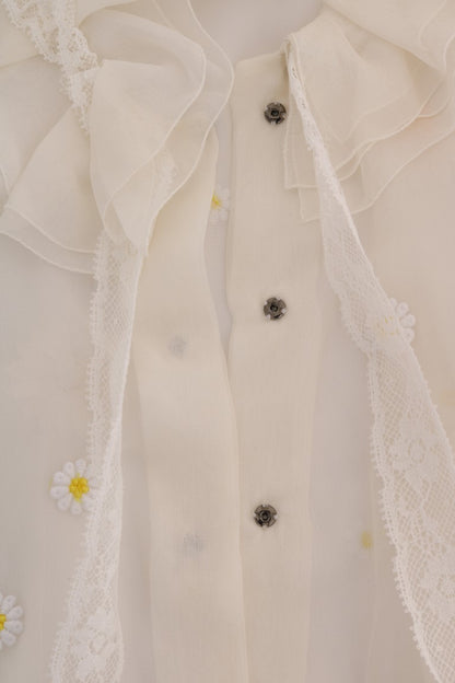 Dolce & Gabbana White Daisy Applique 실크 셔츠