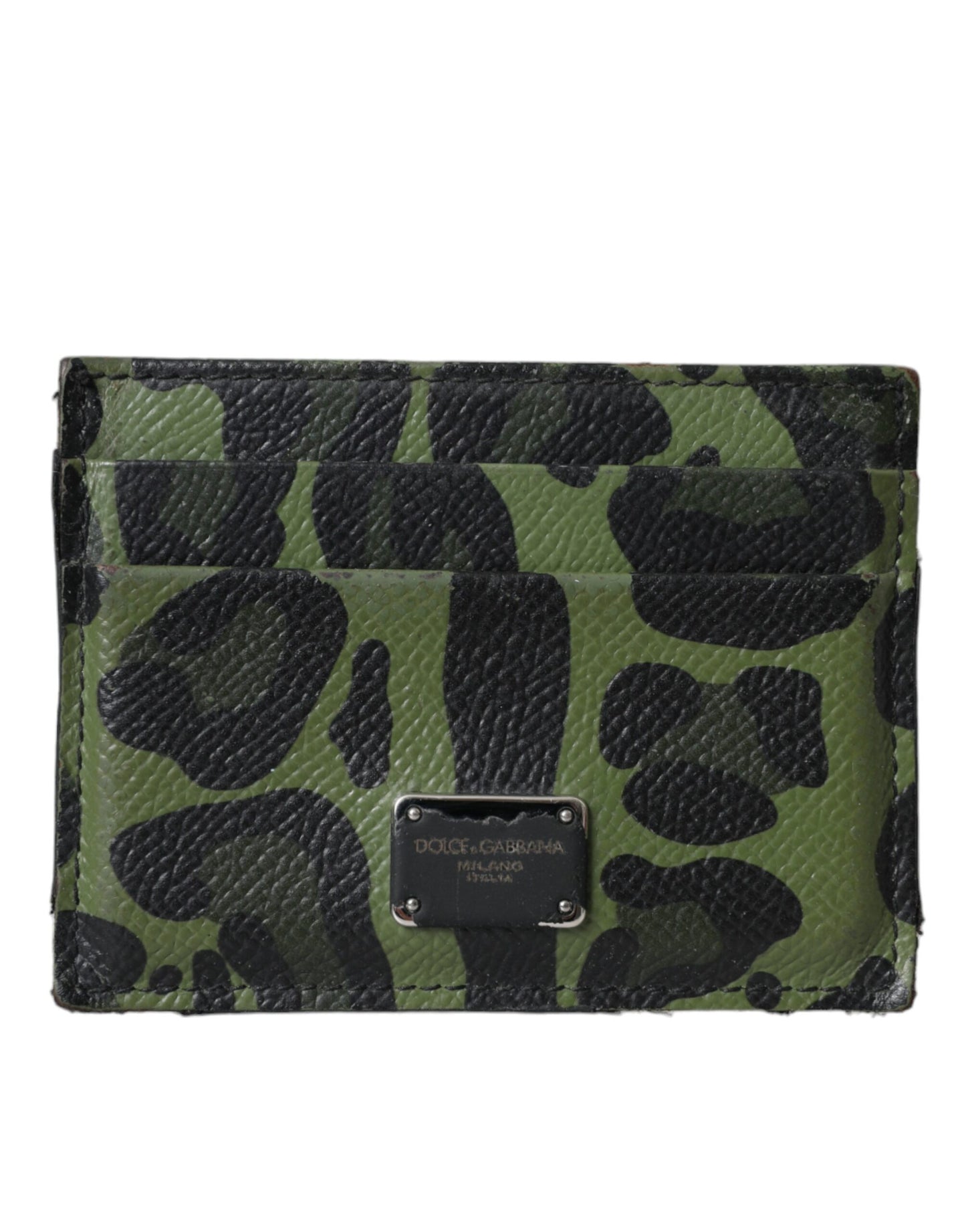 Dolce & Gabbana Green Black Leopard Logo Plaque Card Holder Wallet