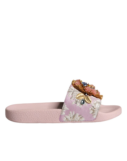 Dolce & Gabbana Pink Brocade Crystal Sandals Slides Beachwear Shoes