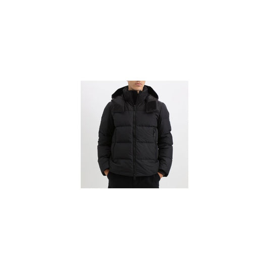 Add Black Polyester Men Jacket with Detachable Hood