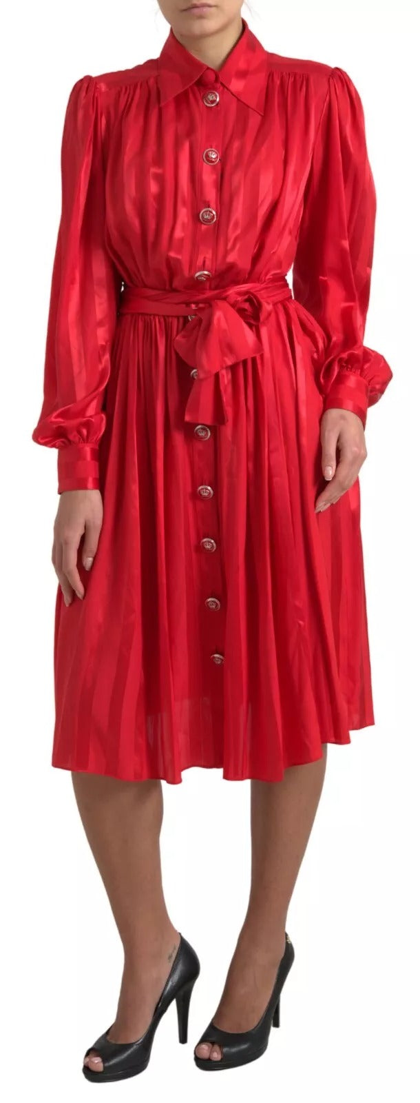 Dolce & Gabbana Elegant Red Silk Midi Dress with Button Detail