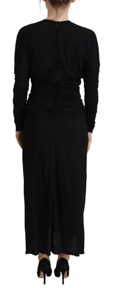 Dolce & Gabbana Black Sheath Midi Gown Wool Wrap Dress