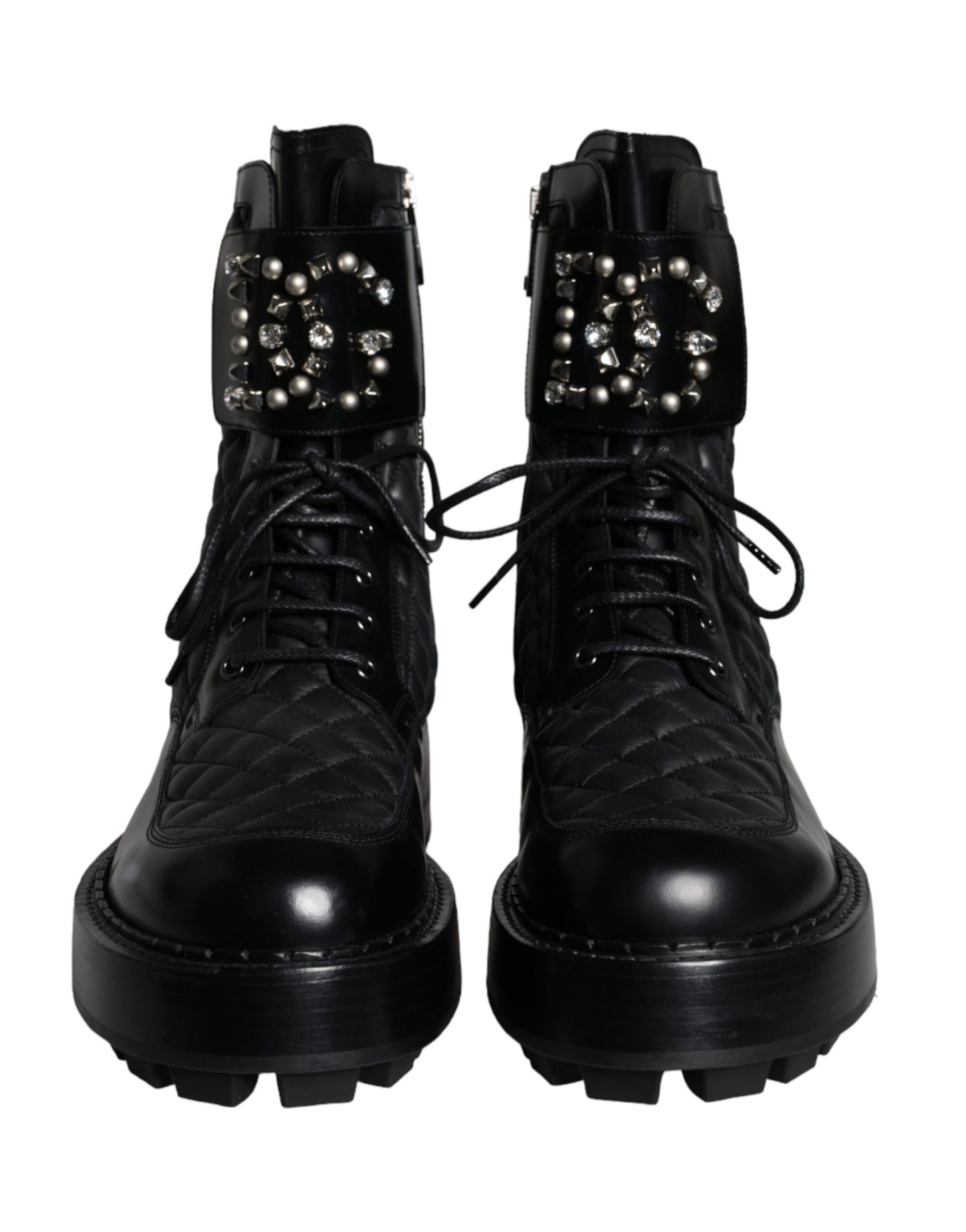 Dolce & Gabbana Black Quilted Crystal DG Logo Men Boots Shoes