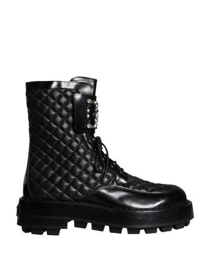 Dolce & Gabbana Black Quilted Crystal DG Logo Men Boots Shoes