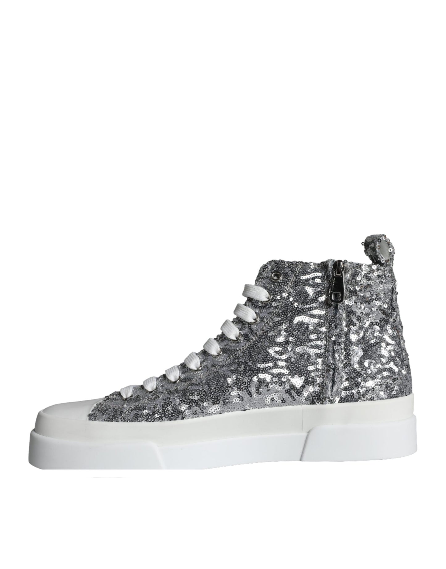 Dolce & Gabbana Silver White Sequined High Top Sneakers Shoes