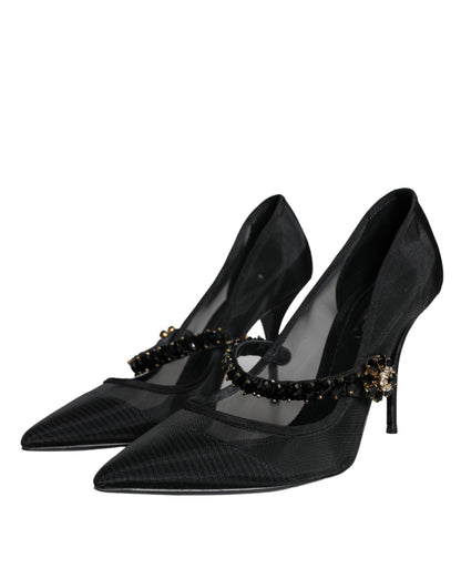 Dolce & Gabbana Black Mesh Mary Jane Crystal Heel Pumps Shoes