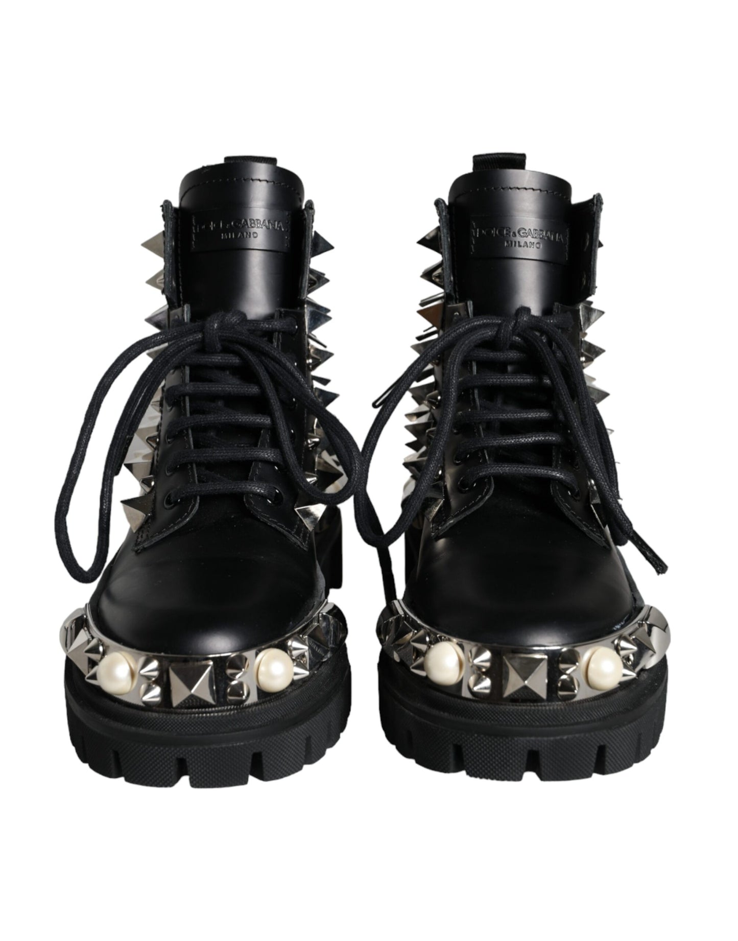 Dolce & Gabbana Black Leather Studs Embellished Combat Boots Shoes