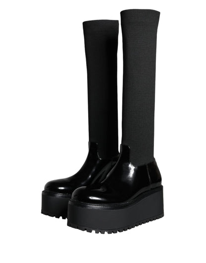 Dolce & Gabbana Black Leather Jersey Knee High Boots Shoes